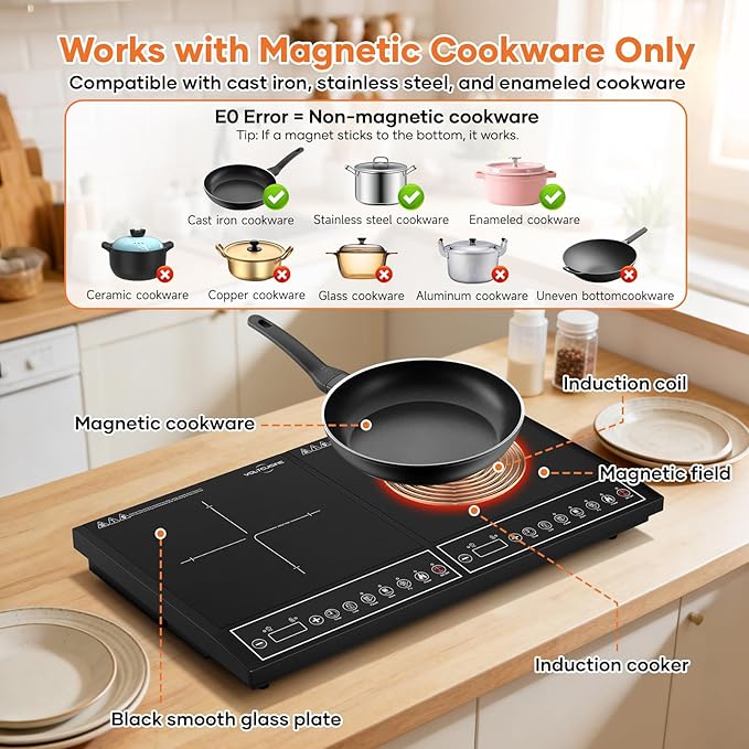 24 Inch Double Induction Cooktop, Button Control, 1800W Power Sharing, Low Power Continuous Heating, Portable Countertop Electric Cooker