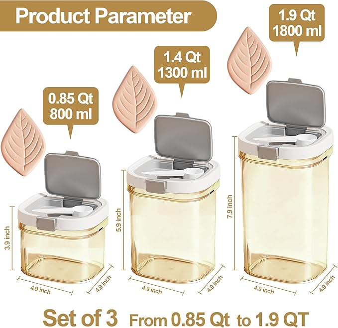 3 Pcs Airtight Food Storage Container Set with Spoon, BPA-Free Stackable Kitchen Storage Containers for Coffee, Sugar, Flour, Tea, Cereal and Dry Food (0.85, 1.4, 1.9 qt)