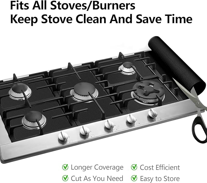 16x75 Inch Oven Liner Roll for Bottom of Oven - Thick Heavy Duty Non-Stick Teflon Mat, BPA & PFOA Free, Custom Cut to Size for Stovetops, Grills & Air Fryers (Black)