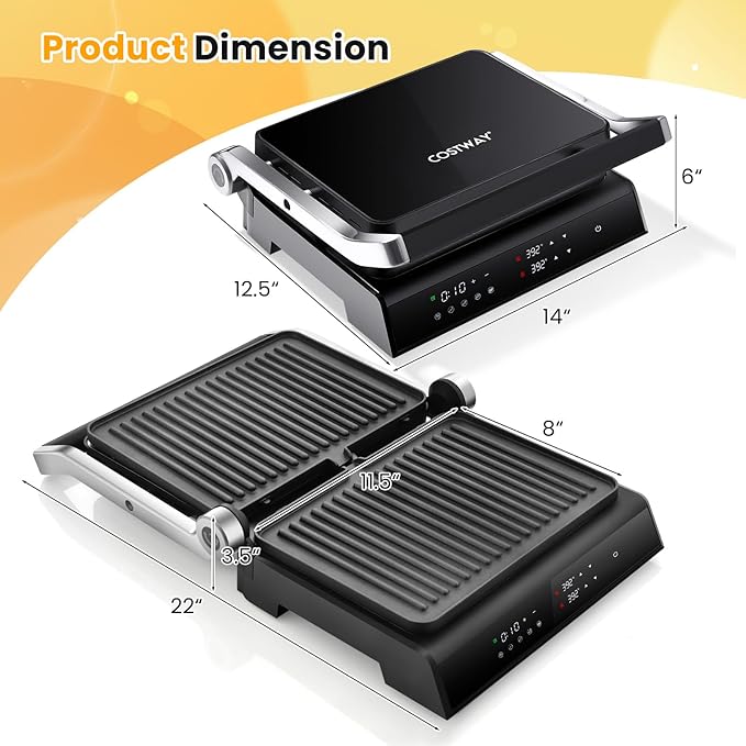 COSTWAY Electric Panini Press Grill, 1200W Gourmet Sandwich Maker w/Non-Stick Double Sided Plates & Removable Drip Tray, 3 in 1 Electric Indoor Gril, Open 180 Degrees to Fit Any Type or Size of Food