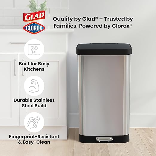 Glad Stainless Steel Step Trash Can with Clorox Odor Protection | Large Metal Kitchen Garbage Bin with Soft Close Lid, Foot Pedal and Waste Bag Roll Holder, 20 Gallon, Stainless