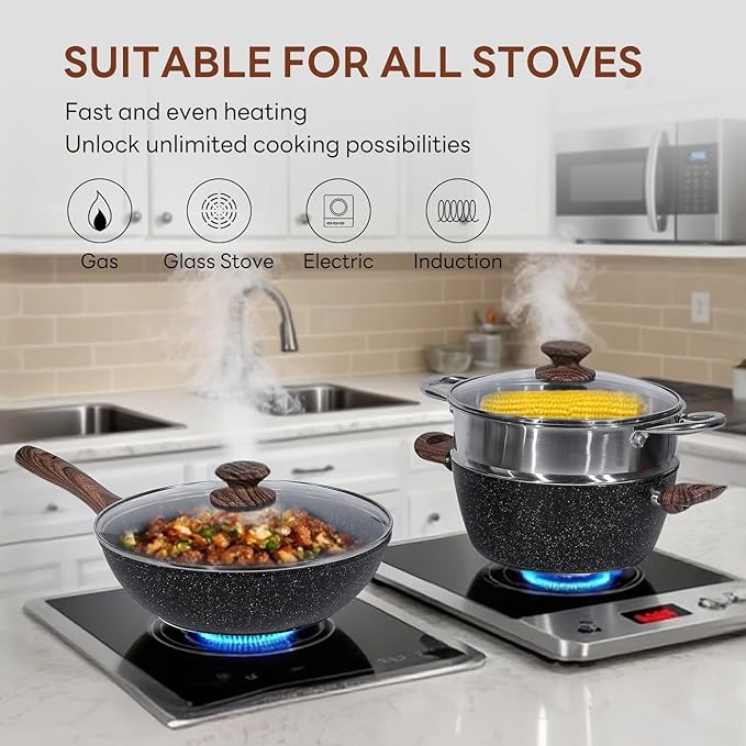 NEWBULIG 17-Piece Nonstick & Non-Toxic Pots and Pans Set, Cookware with Stay-Cool Handles, Induction Compatible, Black
