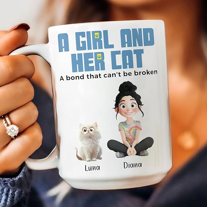Personalized A Girl And Her Cats A Bond That Can't Be Broken Mug Custom To Cat Mom Coffee Mug Gift for Mom Her Mother Cat Owner Lovers Wife on Birthday Anniversary Mother's Day