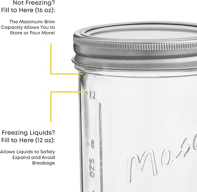 JoyJolt 16 Oz Mason Jars With Lids, Labels and Measures! 6-Pack Wide Mouth Mason Jars, Glass Jar with Lid and Band. Airtight Canning Jars, Overnight Oats Jars, Salad Jars, Sourdough Starter Jar