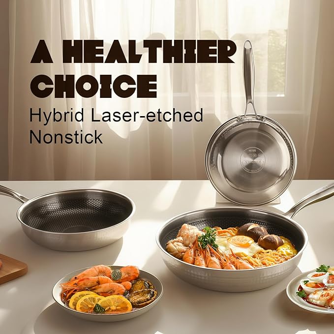 Hybrid 8 inch Stainless Steel Non Stick Skillet,Frying Pans Nonstick, PFOA Free Cookware, Dishwasher and Oven Safe, Induction Compatible