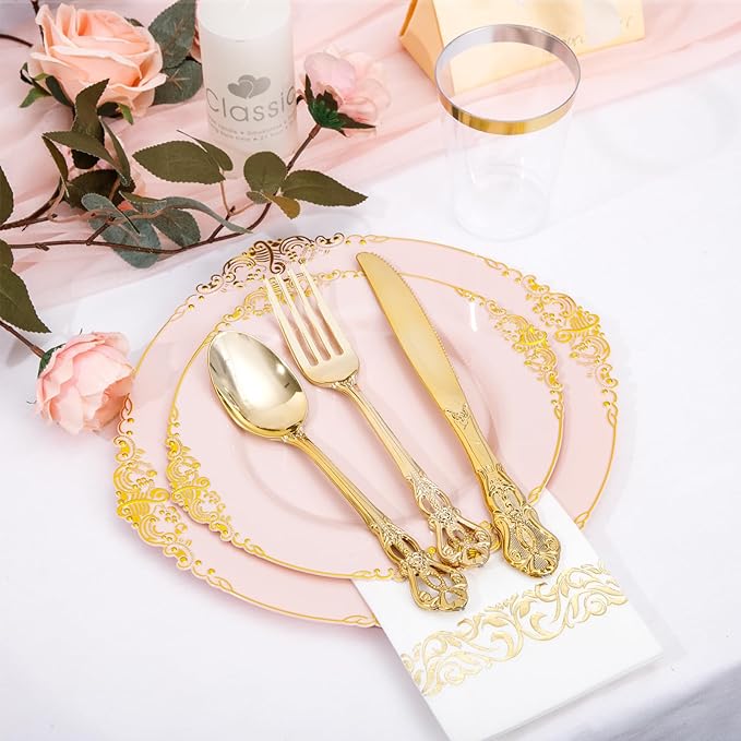 YOUBET 700PCS Pink Plastic Plates - Pink and Gold Plates - Luxury Pinks Dinnerware Set Include 200 Disposable Plates, 300 Heavy Duty Silverware, 100 Cups, 100 Napkins for Wedding Party Valentines Day