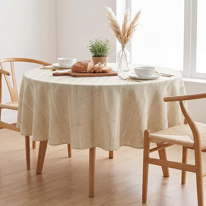 Horaldaily Beige Cotton Blend Tablecloth 60×60 Inch Round, Farmhouse Style, Wrinkle Resistant Washable Table Cloth, Hemstitched Embroidery Table Cover for Home