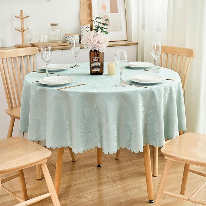 Round Tablecloth Jacquard Table Cloth Leaves Pattern Scalloped Edge Soft Waterproof Washable Fabric 50 Inch Tables Cover for 20-38"Dinning Table Outdoor Party Kitchen Dining Decor (AQUA)