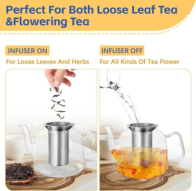 Glass Teapot with Infuser and Lid, 1300ml/43oz Borosilicate Glass Teapot with Stainless Steel Mesh Infuser for Loose Leaf & Blooming Tea, Stovetop & Microwave Safe