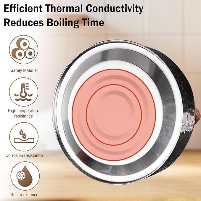 Tea Kettle, Food Grade Stainless Steel with Wood Pattern Folding Handle, Whistling Kettle for Induction, Gas, and Electric Stovetops (2 liters)