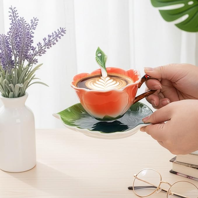Flower Tea Cup and Saucer, 6 Oz Ceramic Coffee Mug with Spoon, 3D Handmade Vintage Drinking Cups, 3 Pieces Orange Teaware Mug for Women, Christmas Birthday Gift Party (Floral and Leaf)