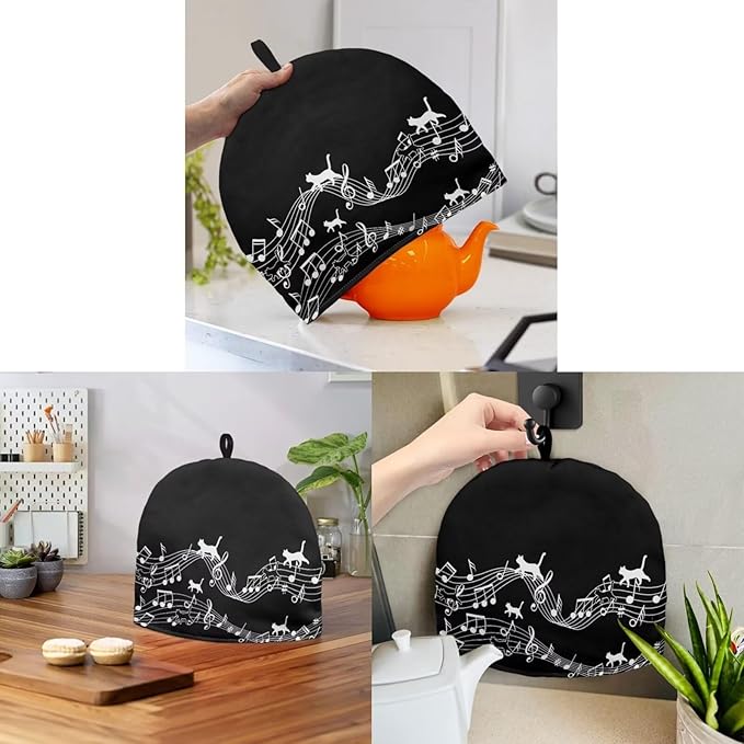 Black Cat Note Tea Cozy Tea Kettle Tea Cosy, Tea Cup Cozy Teapot Covers Warmer Tea Pot Dust Cover for Home Kitchen Restaurant Garden Tea House Electric Kettle Teapot Cozy