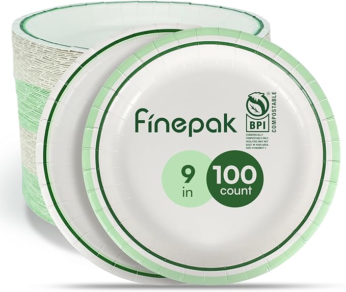Disposable Plates 9 Inch, 100PCS Paper Plates Bulk with Green Rims, Heavy Duty Paper Plates for Graduation/Retirement Party, Picnic, BBQ, Microwave, Breakfast, Lunch & Dinner