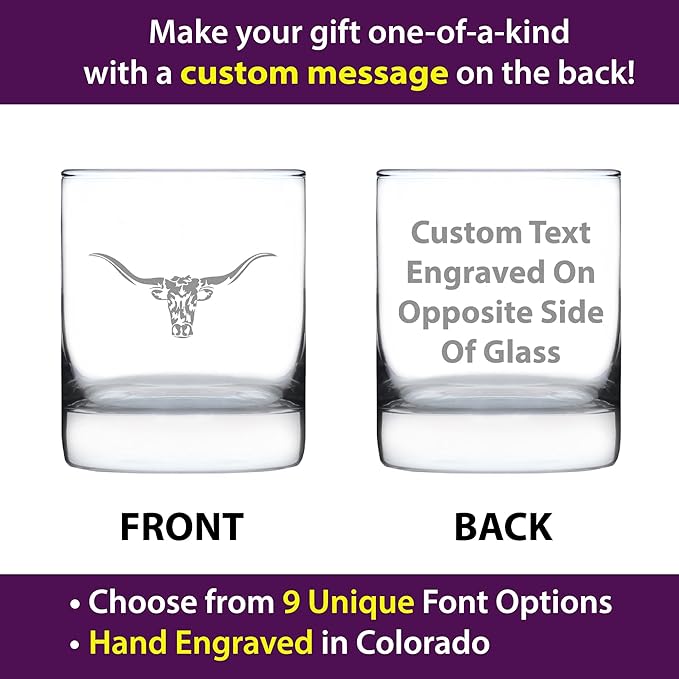Custom Longhorn - Personalized Whiskey Rocks Glass - Western Themed Farm Decor and Gifts for Texan Ranchers - 10.25 Ounce - Customized Bourbon Glass Gift