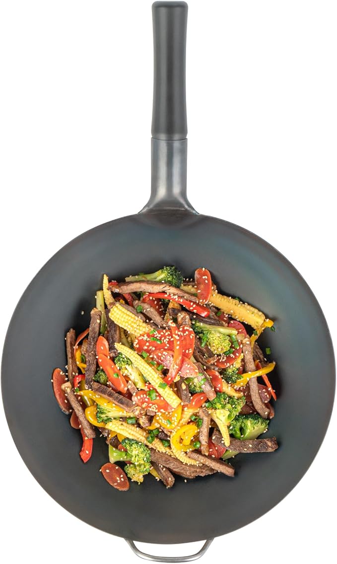 Restaurantware-Motomori 14 Inch Pre-Seasoned Carbon Steel Wok, 1 Traditional Japanese Wok - Flat Bottom, Wooden Handle, Black Carbon Steel Traditional Stir Fry Pan, With Helper Handle