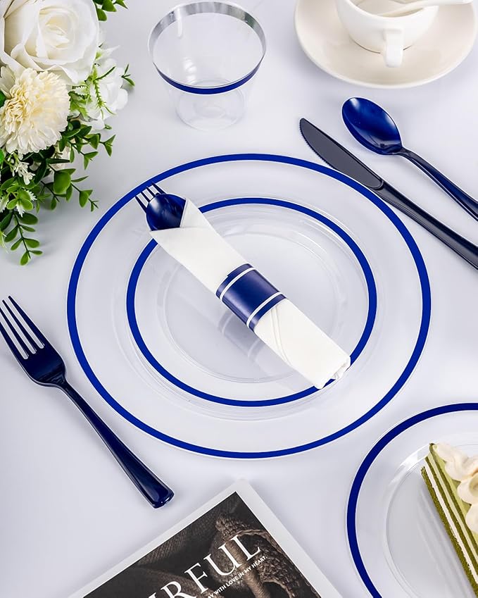 350PCS Plastic Clear Blue Plates for Party, Disposable Dinnerware Set for 50 Guests,100 Plastic Plates, 50 Cups, 50 Pre-Rolled Napkins with Cutlery for Party, Christmas, Wedding