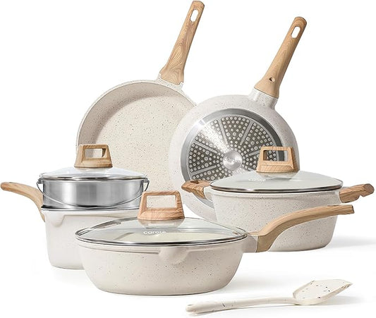 CAROTE Pots and Pans Set Nonstick, White Granite Induction Kitchen Cookware Set, 10 Pcs Non Stick Cooking Set w/Frying Pans & Saucepans(PFOS, PFOA Free)