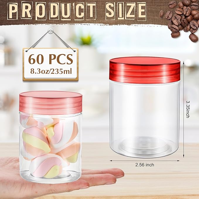 Sliner 60 Pcs 8 oz Plastic Jars with Lids Clear Round Leakproof Storage Containers Empty Refillable Plastic Mason Jars for Travel Storage Face Creams Kitchen Household Food Spice (Cute Color)