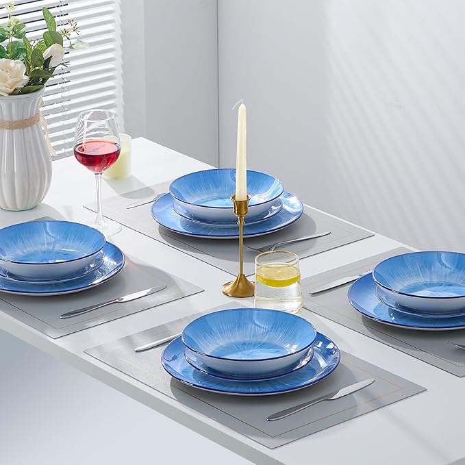 Bestone Porcelain Dinnerware Sets Service for 4, 12 pcs Hand drawn Plates and Bowls Sets, Handmade Ceramic Dish Set, Chip Resistant Modern Plate Set, Dishwasher/Microwave Safe，Starburst blue