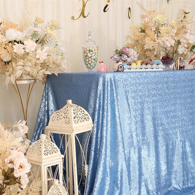 Eternal Beauty Baby Blue Tablecloth, 50x80 Inch Sequin Rectangle Table Cover for Cake Dessert Exhibition Party Birthday Events