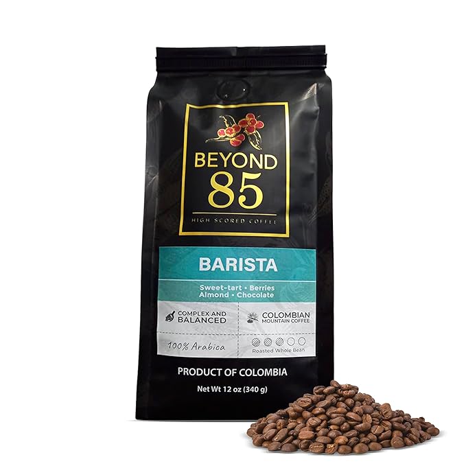 BEYOND 85 COFFEE, Barista, Premium Colombian Coffee, Medium Roast, Tart, Nutty & Chocolatey Notes, Whole Bean, 12 OZ