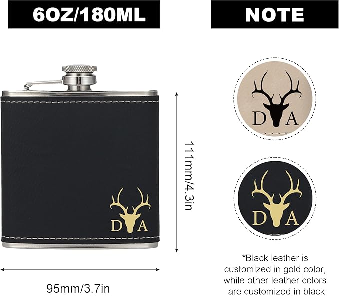 Personalized Flask for Men,Custom Hip Flask for Liquor Soft Touch Leather with Name, Steel Stainless - 6Oz Flaskap for Wedding, Climbing, Barbecue,Fishing-Black
