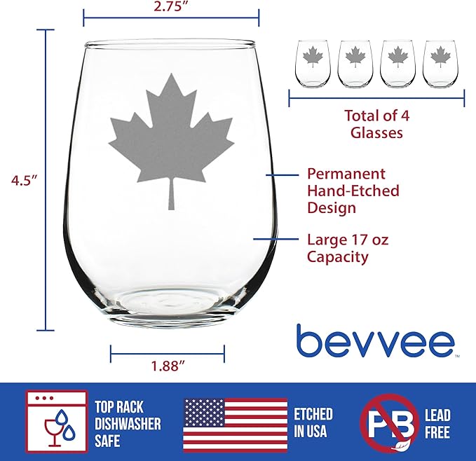 Bevvee Canada Maple Leaf Stemless Wine Glass - Canadian Flag Gifts and Decor for Women and Men - Set of 4 - Large 17 Oz Glasses