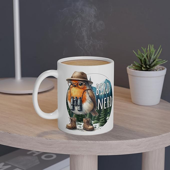Bird Nerd Coffee Mug, Birding Beverage Cup, Funny Bird Watcher Gifts, Sarcasm, Robin Wearing Binoculars, Any Occasion Gift, Coffee Drinker - Novelty (11Oz All White)