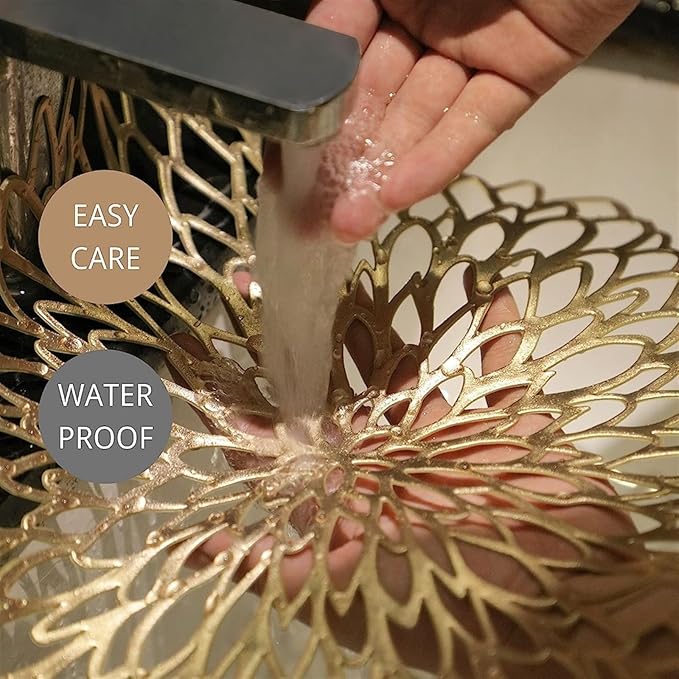 PVC Placemats and Coasters Set Round Leaf Place Mats Washable Heat Table Mats for Morden Kitchen Dining Table(Gold,4 Set)