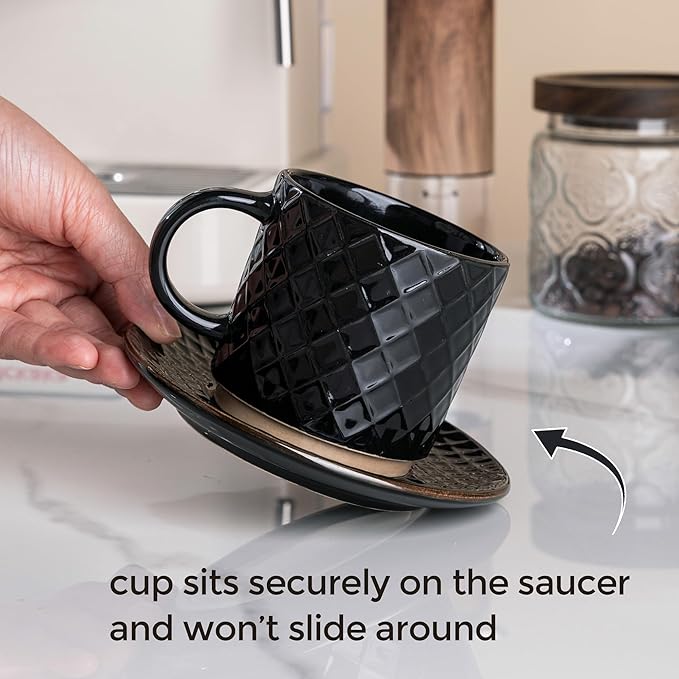 GBhome 6OZ Stackable Coffee Mugs with Stand and Saucer, Ceramic Coffee Mugs Set of 4 with Texture Patterns for Man,Woman,Dad,Mom, Modern Coffee Cups for Latte/Espresso. Dishwasher&Microwave Safe