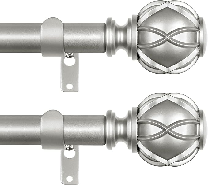 Silver Curtain Rods 2 Pack, HOTOZON Curtain Rods for Windows 66 to 120 Inch, New Splicing Window Rod for Windows, Single Drapery Rod with Netted Finials, Antique Silver