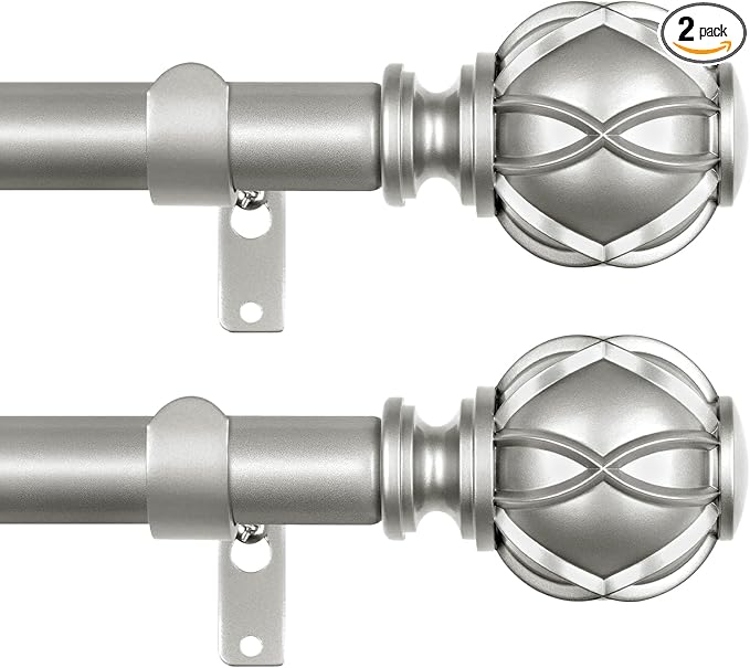 Silver Curtain Rods 2 Pack, New Splicing Rods for Windows 48 to 84 Inch, Single Drapery Rod with Netted Finials, Antique Silver