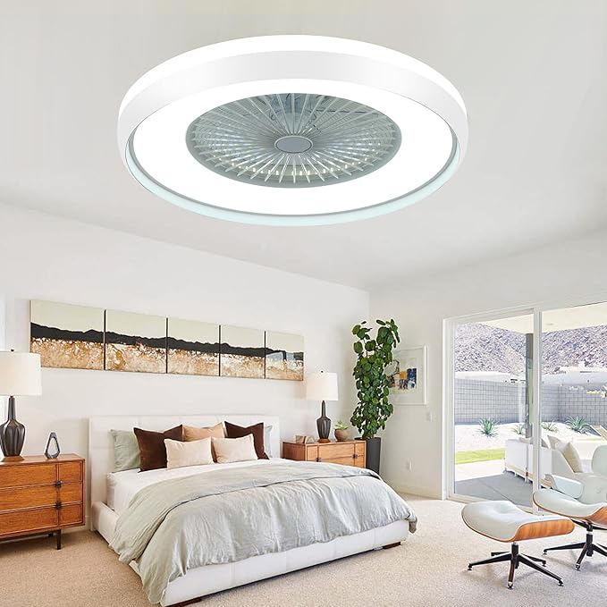 24" Bladeless Ceiling Fan with Light Remote, Smart LED Ceiling Fans with App Control, Modern Low Profile Dimmable Light Ceiling Fan for Bedroom Living Room White