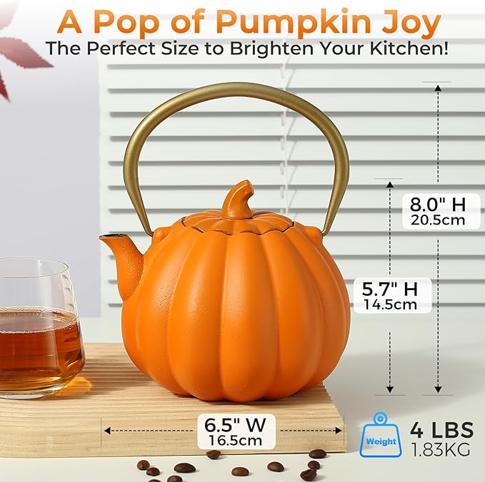 Orange Pumpkin Cast Iron Teapot with Infuser - 40oz Japanese Iron Tea Kettle with Enamel Interior, Cute Halloween Teapot for Loose Tea & Coffee, Stainless Steel Filter, Stove Safe (Orange)