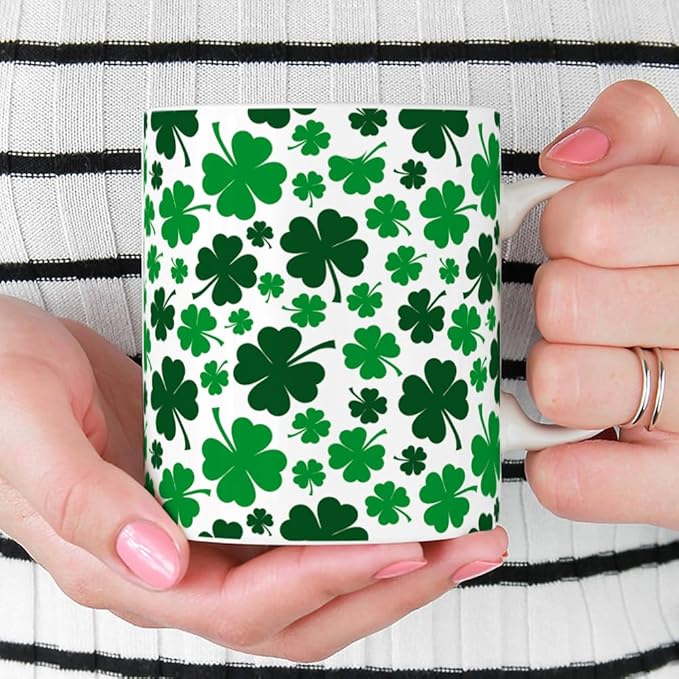 Loftipop St Patrick's Day Shamrock Coffee Mug, Green Four Leaf Clover Tea Cup, Gift for Her Mom Friend (11oz)
