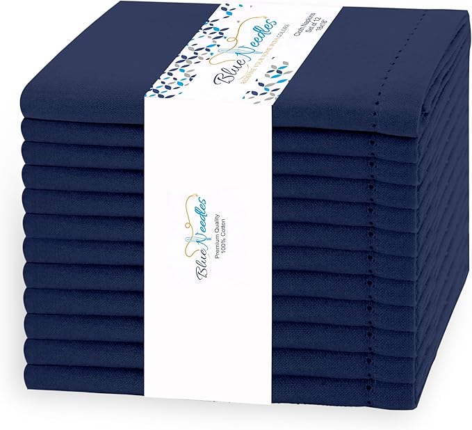 Blue Needles Navy Blue Hemstitch Linen Napkins Set of 12-100% Cotton Cloth Dinner Napkins 18x18 inches, Soft, Reusable, Absorbent, Washable Ideal for Wedding Events, Parties & Everyday Use