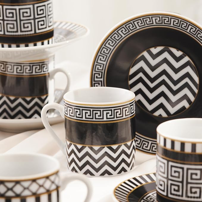 KARACA Helenistik Porcelain Turkish Coffee Cups Set for 6 People - 12 Piece Espresso Cup with Saucers - Drinking Serving Gift Set for Women - Ideal for Serving Turkish Coffee (Black and White, 80 ml)