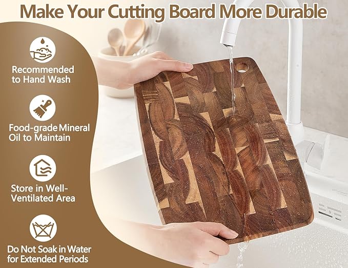 XINZUO Small Acacia Wood End-Grain Kitchen Cutting and Serving Board, for Kitchen, 14" x 9" Reversible Wooden Chopping Board for Meat, Cheese, Fruit & Vegetables,Easy to Clean(Rectangular)