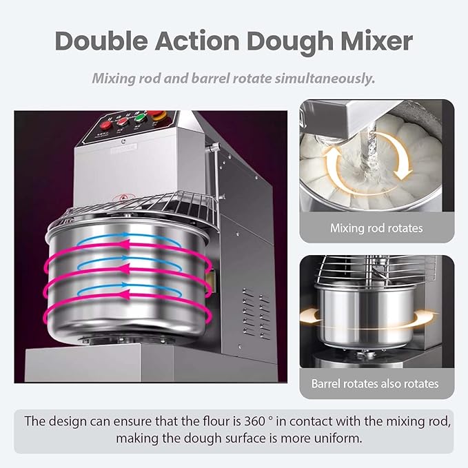 40QT Commercial Dough Mixer, 110V 1800W Electric Food Dough Kneading Flour Blender Machine, Stainless Steel Stand Mixing, W/Dual Action and Dual Speed, for Bakeries Pizzerias Bread Maker