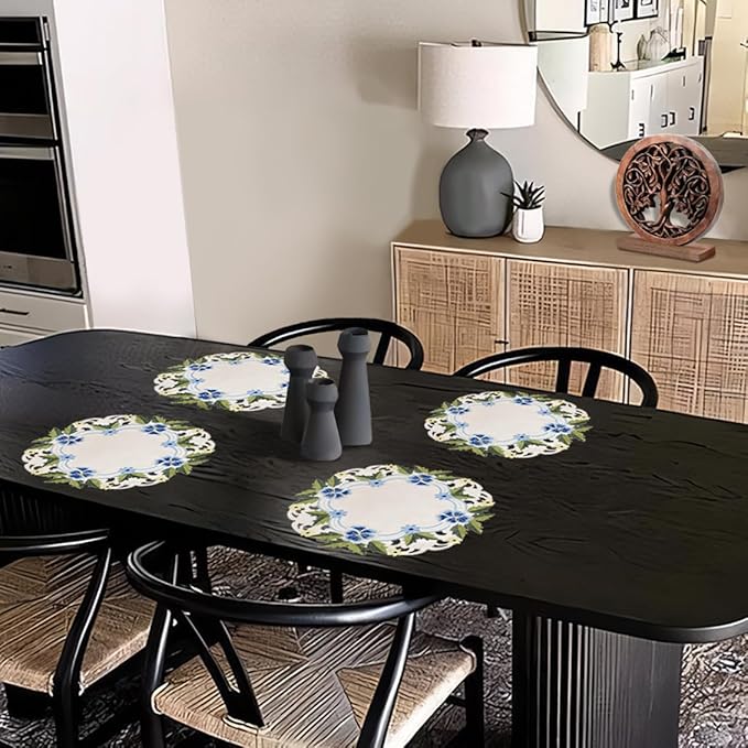 Decozen Set of 4 Doilies for Table, Lace Doilies - Rustic, Crochet, Farmhouse, Kitchen, Round Table Placemats - Valentines Day Decorations - 15 inch Blue and Green White, The Eternal Grace Collection