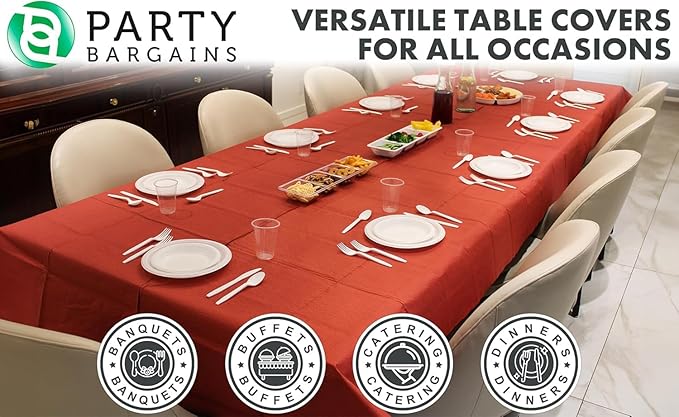PARTY BARGAINS Disposable Table Covers, 54 x 108 Inch, Red, 3-Ply Paper & Plastic Spill-Resistant Party Tablecloths, 5 Pack