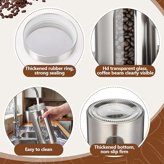 Suclain Stainless Steel Coffee Grounds Canisters with Shelf 2 x 50oz Sugar Coffee Bean Storage Container with Airtight Threaded Lid Glass Window Scoop Kitchen Jar Set for Bar Creamer Nut Tea