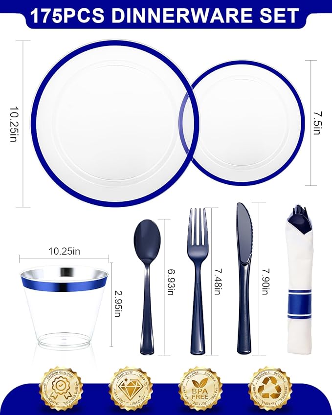 175Pcs Blue Plastic Plates for Party, Disposable Clear Dinnerware Set for 25 Guests, 50 Plastic Plates, 25 Cups, 25 Pre-Rolled Napkins with Cutlery for Party, Wedding, Christmas
