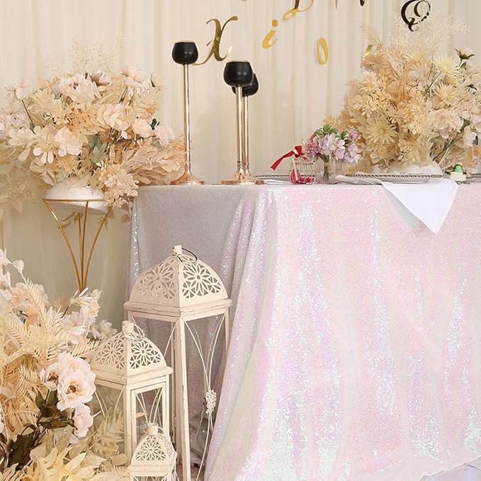 Eternal Beauty White Iridescent Tablecloth, 90x132 Inch Sequin Rectangle Table Cover for Cake Dessert Exhibition Party Birthday Events