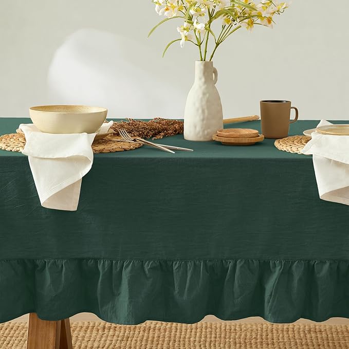MONDAY MOOSE Ruffle Farmhouse Rustic Rectangle Natural Stonewashed Cotton Tablecloth for Kitchen, Dining Room, Restaurant (60x102 inch, Teal Green)