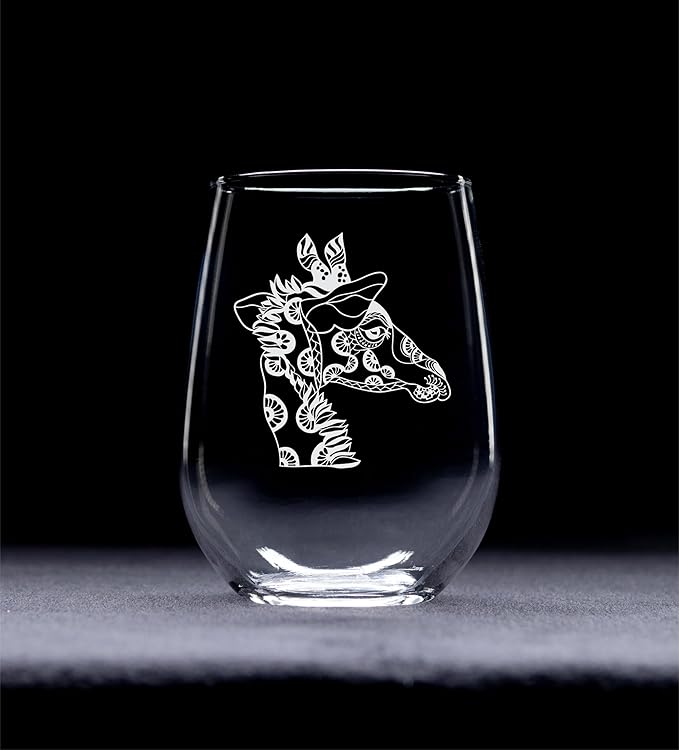 C M Giraffe Stemless Wine Glass, 17 oz - Giraffe Themed Gift for Men and Women