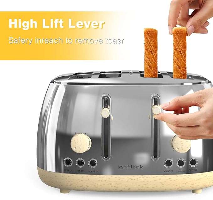 Toaster 4 Slice,Retro Stainless Steel Toaster with Extra Wide Slots, Dual Independent Control Panel, Cancel, Bagel, Defrost Function, Removable Crumb Tray (Silver)