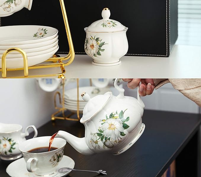 CHENP.HMC Porcelain Tea Set Tea Cup Set 22-Piece Porcelain Ceramic Coffee Tea Gift Sets Cups Saucer Service for 6 Teapot Sugar Bowl Creamer Pitcher and Teaspoons tea pot sets(Camellia)