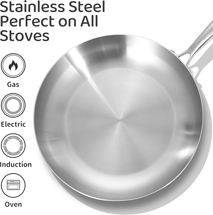 LOLYKITCH 10-12 Inch Tri-ply Stainless Steel Frying Pan Set,Skillets,Induction Cooking Pans,Dishwasher and Oven Safe,Detachable Handle