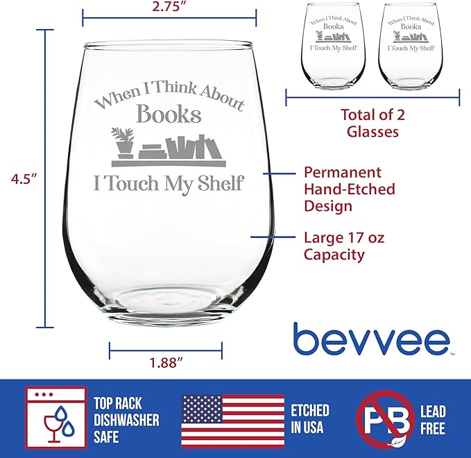 Bevvee When I Think About Books I Touch My Shelf - Stemless Wine Glasses - Set of 2 - Funny Gifts for Book Club Lovers and Readers - Large 17 Ounce